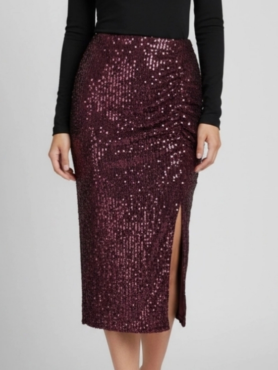 Wildfox Dresses & Skirts - Wildfox Party Midi Maxi Skirt Sz M Purple Sequins Stretch Waist Ruch Front Slit